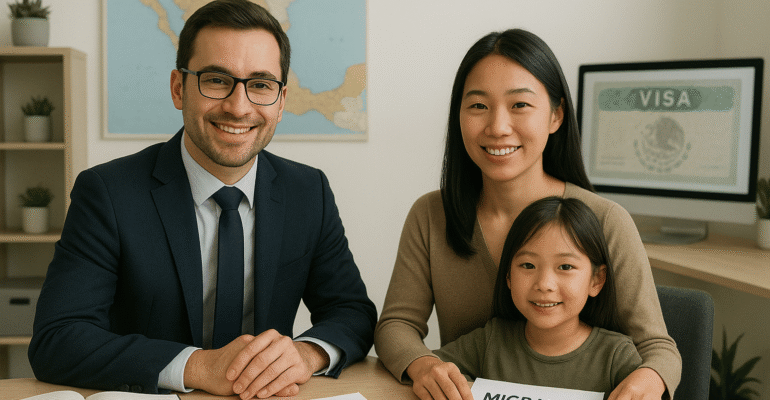 Immigration lawyer in Mexico advising an Asian mother and daughter on visa procedures, seated in a modern office with MIGRALAW documents and a digital screen showing a Mexican visa.