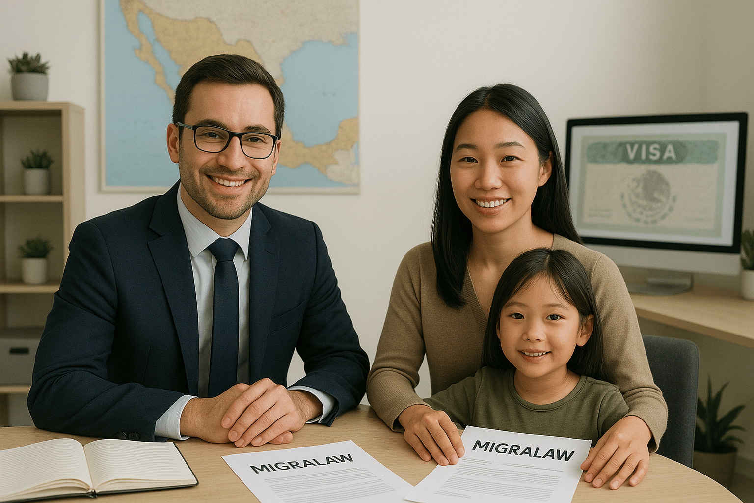 Immigration lawyer in Mexico advising an Asian mother and daughter on visa procedures, seated in a modern office with MIGRALAW documents and a digital screen showing a Mexican visa.